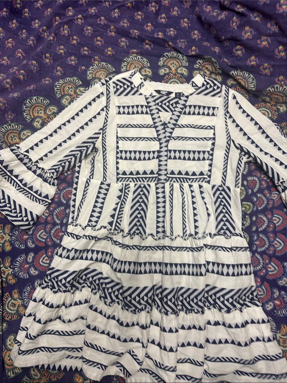Lands' End Navy & White Geometric Tunic with Printed Yoke